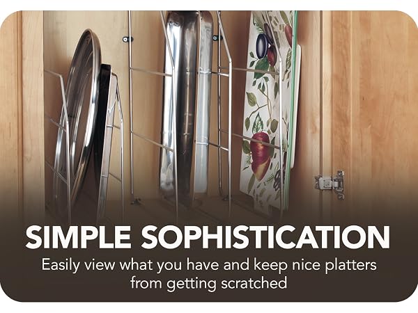 Closer image of Tray Dividers inside cabinet. Text reads: Simple Sophistication. ?