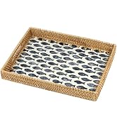 Rattan Serving Tray, Rectangle Coffee Table Tray with Mother of Pearl Inlay, Decorative Wicker Ba...