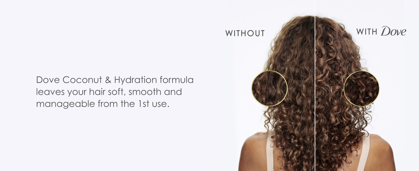 Before vs after Dove images with a woman showing her hair from the back, next to text.
