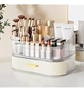 Delamu Makeup Organizer for Vanity with Stackable Drawers, 360 Rotating Makeup Brush Holder Large...