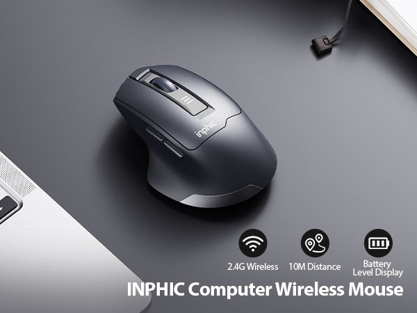 Text reads 'INPHIC Computer Wireless Mouse'. Product images showing sleek black wireless mouse from multiple angles with icon indicators for features.