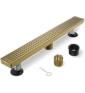 HTOH Shower Drain, 24 Inch Gold Linear Shower Drain with Removable Square Hole Cover Grate, Bathr...