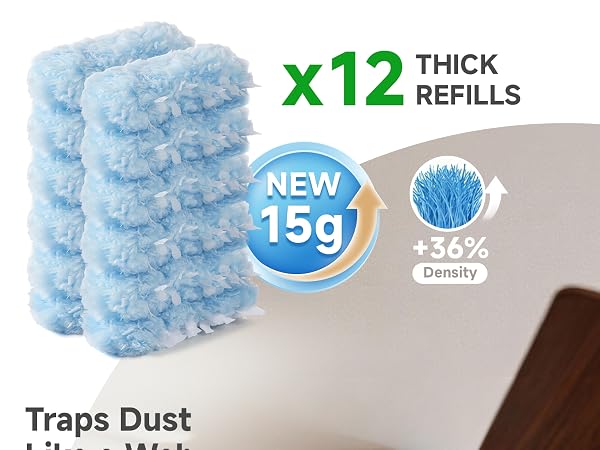 Extendable microfiber duster reaching high areas to trap dust on fans and furniture.