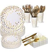 Paper Plates and Napkins Party Supplies - 175pcs White and Gold Polka Dots Disposable Party Plate...