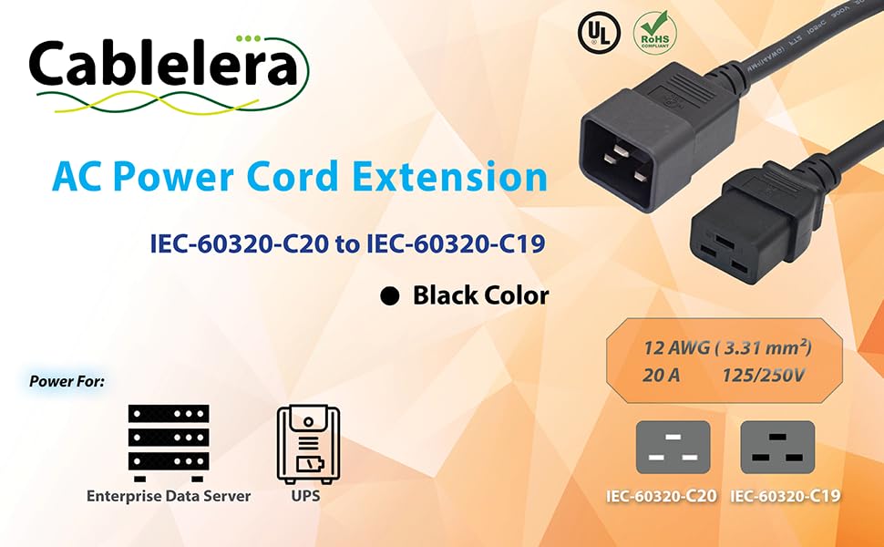 Power Cord Extension IEC C20-C19, 20A/125V/250V, Power Supply to Data server