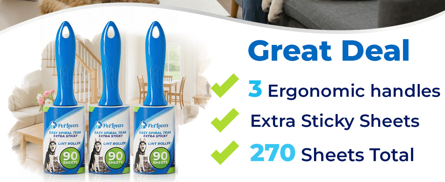 PetLovers lint roller 3 pack with 270 extra sticky sheets for pet hair removal.