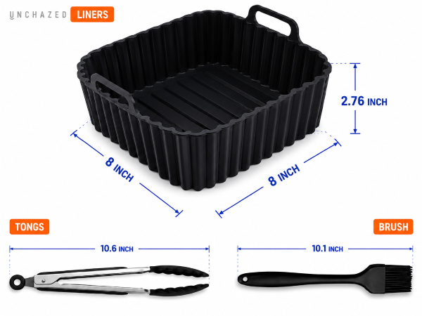 Unchazed air fryer accessories dimensions infographic