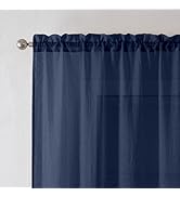 Chyhomenyc Crushed Sheer Navy Blue Curtains 84 Inch Length 2 Panels, Light Filtering Solid Crinkl...