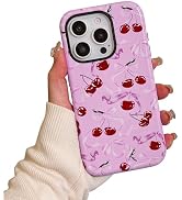 EYZUTAK Case for iPhone 16 Pro Max, Cute Pink Cherry Ribbon Bow Phone Case Glossy Aesthetic Slim ...