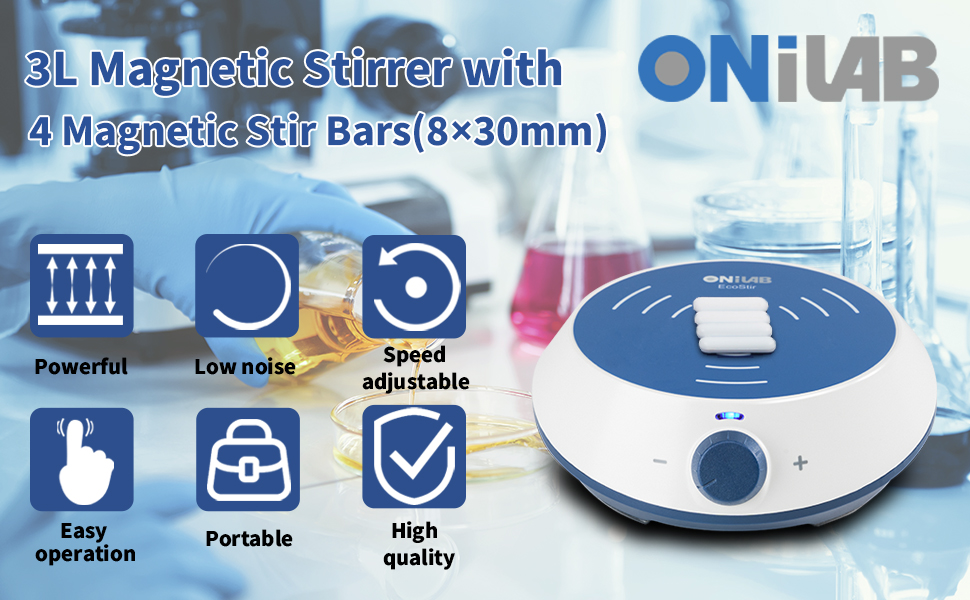 Text reads 'Magnetic Stirrer with 4 Magnetic Stir Bars (8×30mm)' and 'ONILAB'. Product image shows white circular device with blue control interface and multiple function icons below.