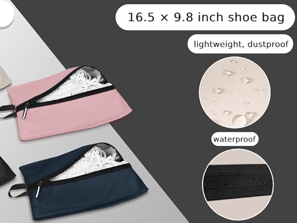 Shoe bags in multiple colors: green, beige, pink, yellow, black, and navy. Size 16.5 x 9.8 inches. Lightweight, dustproof, and waterproof design with zipper closure.