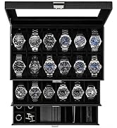 Lolalet 24-Slot Large Watch Box for Men, Black | 3-Layer, PU Outer, Velvet Lining, Glass Lid, Men...
