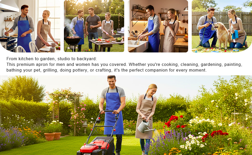 This quality apron suits cooking, barbecuing, cleaning, pet bathing, gardening, etc.