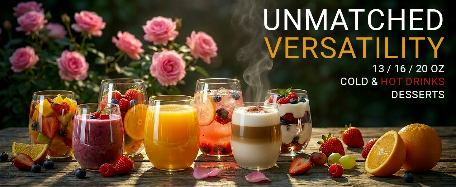 Wine tumblers versatile uses: juice, smoothies, coffee, and desserts outdoors.
