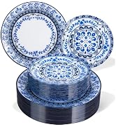 Hioasis 60pcs Blue Plastic Plates Set - Floral Blue & White Porcelain Design, 10.25" Dinner & 7.5...