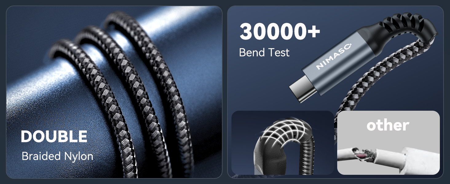 Double braided nylon cable with 30000+ bend test. Multiple views show flexibility, durability, and connector details.