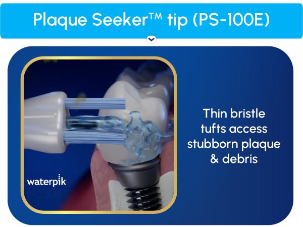 Image of Plaque Seeker floss tip with text reading thin bristle tufts access stubborn plaque.
