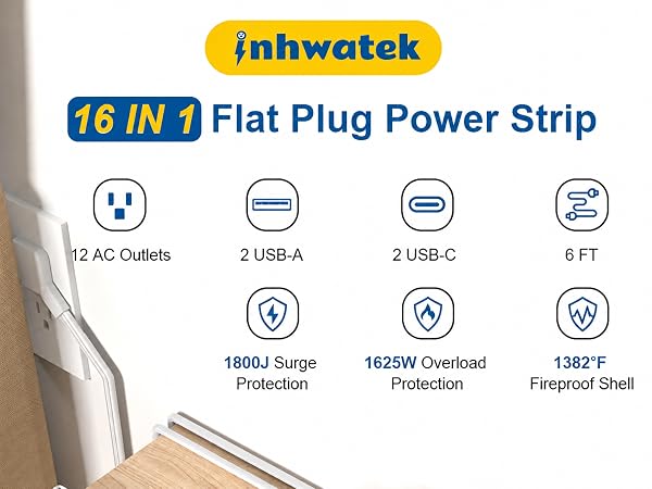 6ft surge protector with usb c with usb-c 20w fast charging