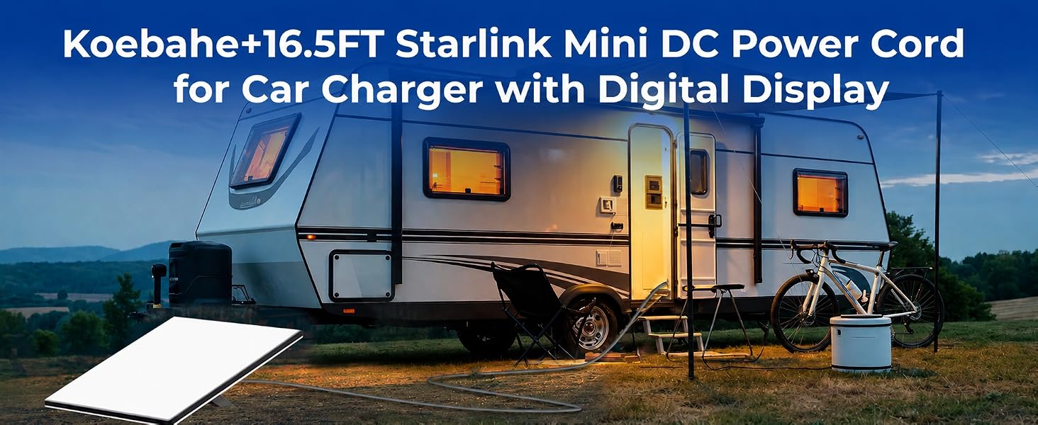 Starlink Mini DC power cord running from travel trailer RV to satellite dish on campsite lawn