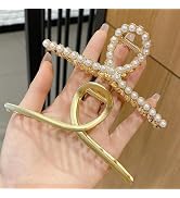 2pcs Matte Gold and Pearl Gold Large Metal Hair Claw with Pearls Non-Slip Clips, Thick Hair Threa...