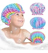 Shower Cap for Kids, 3 Pcs Kids Shower Caps for Girls, Cute Rainbow Hair Cap Wide Elastic Band, P...