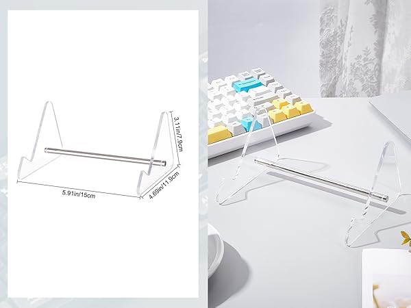 Clear acrylic or plastic display stand shown from two angles - technical diagram view and product photo against white background.