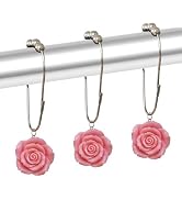 Rose Shower Curtain Hooks Rust Proof Fashion Floral Decor Bathroom Rings, Resin Rose Flower Curta...