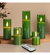 Eywamage Green Glass Flameless Candles with Remote Batteries, Christmas LED Pillar Candles Flicke...