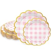 LIKAJON 50 Pcs Pink and White Checkered Paper Plates, 25 Pcs 9" and 25 Pcs 7" Disposable Pink Gin...