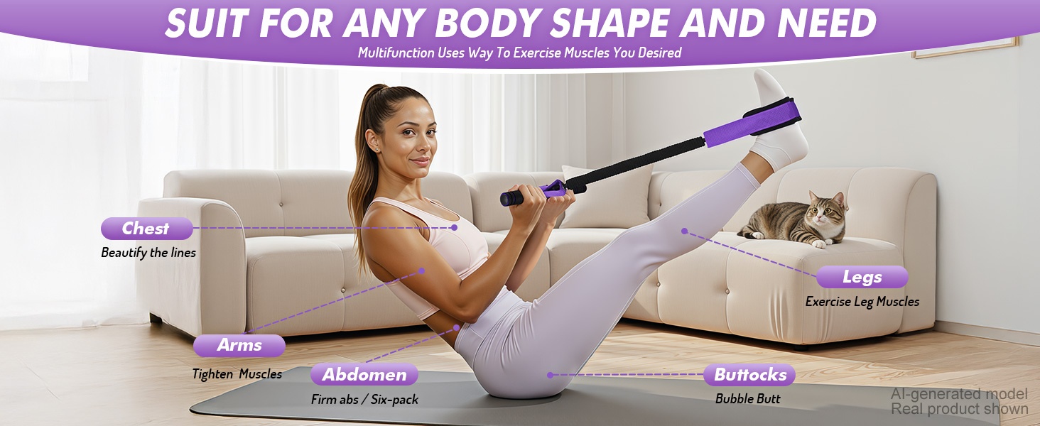 Woman doing home workout with pedal resistance band, targeting chest, arms, abdomen, buttocks, legs