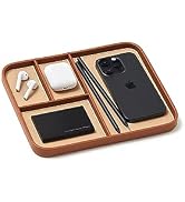 Nordik Leather Valet Tray - Sand Brown - Premium Vegan Leather Stylish and Organized Nightstand T...