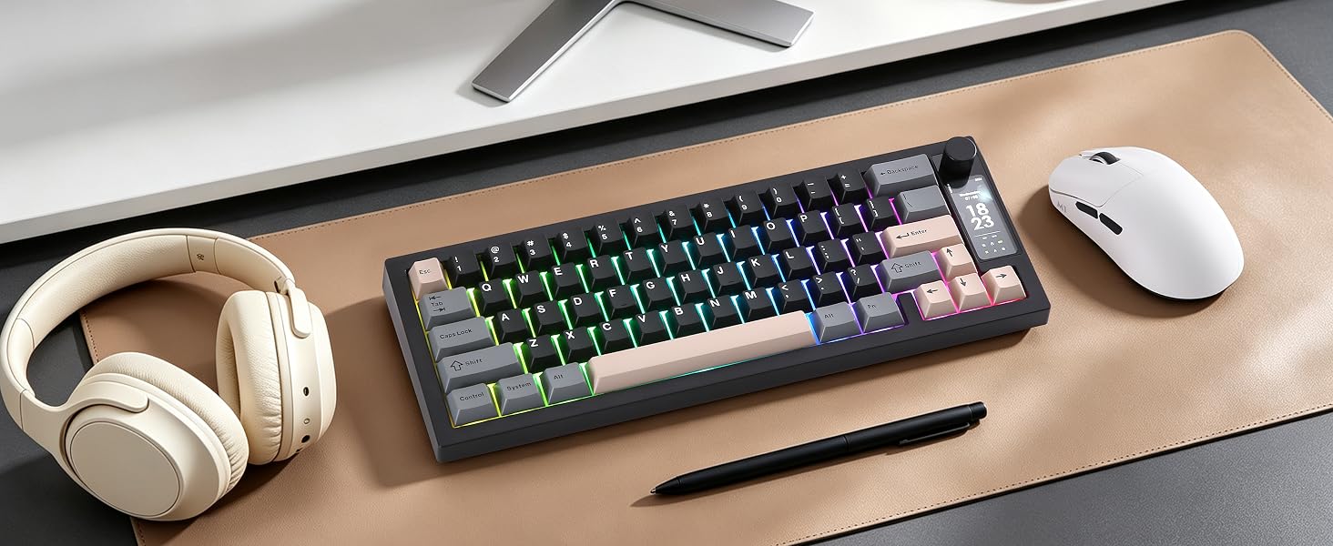 Mechanical keyboard with RGB lighting, wireless headphones, and computer mouse arranged on tan desktop workspace with pen.