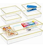 6 Pack Large Size Clear Stackable Drawer Organizer Trays, Gold Rim Makeup Drawer Storage Tray Div...