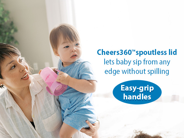 Cheers360 spoutless lid lets baby sip from any edge without spilling; Easy-grip handles