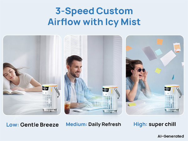 3-speed custom airflow with icy mist for this personal swamp cooler, from gentle to turbo