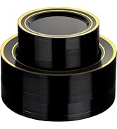 Goodluck 200 PCS Black Plastic Plates with Gold Rim, Heavy Duty Disposable Black Plates with 100 ...