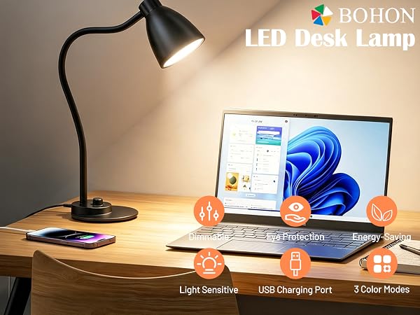LED Desk Lamp with USB Charging Port Reading Light Task Lamp Black Table Lamp for Bedside Office