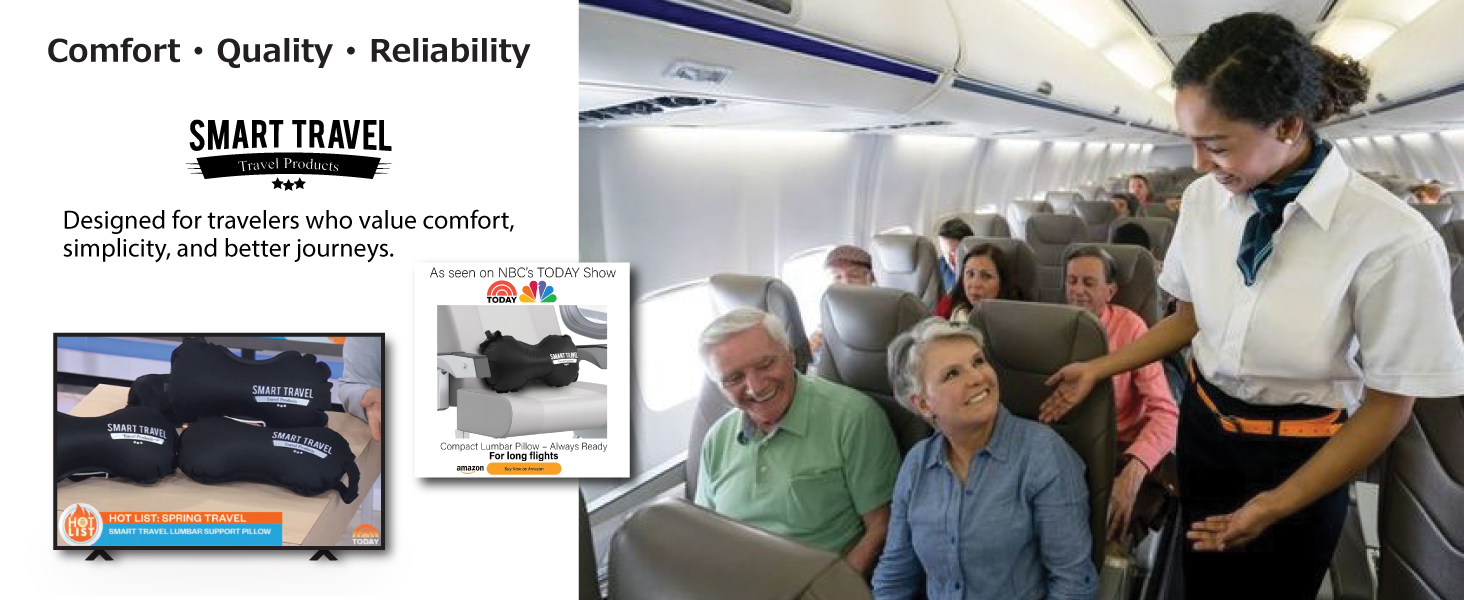 Flight attendant smiling at passengers using SMART TRAVEL lumbar pillow on airplane.