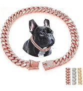 Rose Gold Chain Dog Collar with Bling, Glitter Rhinestone Sparkly Diamond Metal Necklace Cuban Li...
