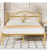 VECELO Full Size Bed Frame, Gold Metal Bed Platform with Headboard, Sturdy Steel Slats Support, N...