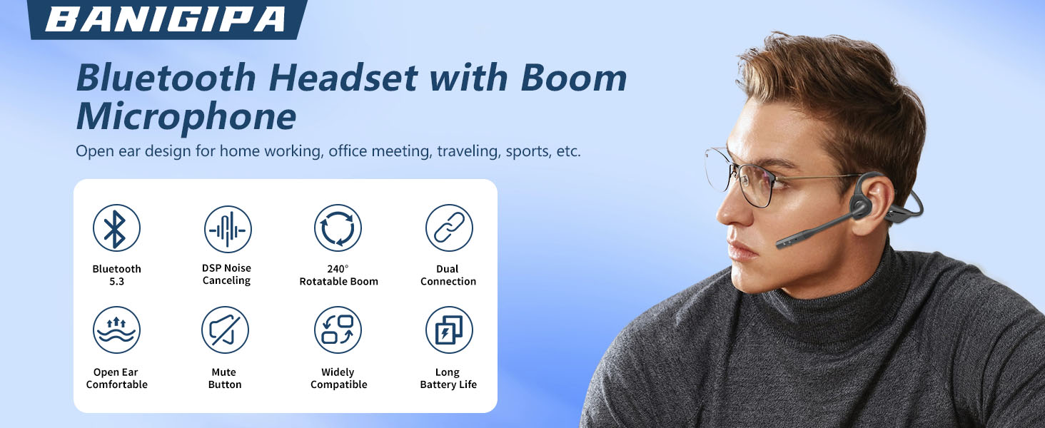 BANIGIPA Bluetooth Headset with Microphone, Open Ear Headphones with Noise Cancelling for Calling