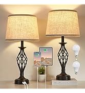 Table Lamp for Bedroom Set of 2 with USB C+A Ports, Modern Bedside Lamps with Spiral Cage Base, F...