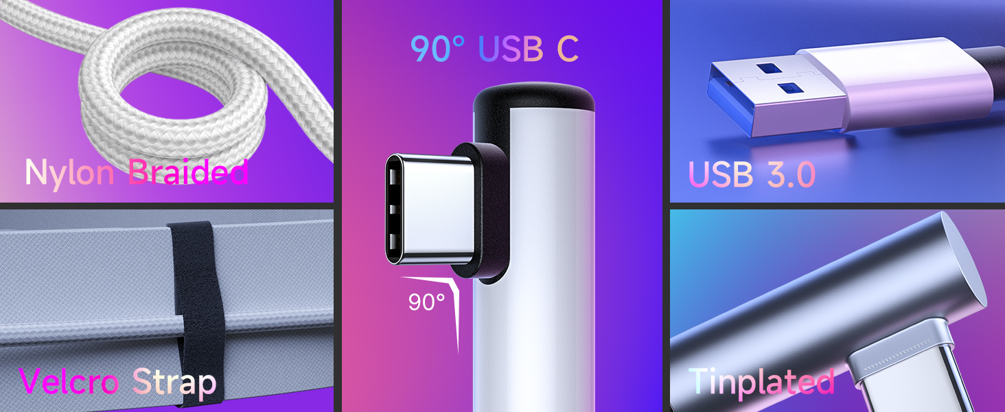 90° USB C , Nylon Braided , Velcro Strap , USB 3.0 , Tinplated