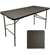 Portable Folding Table, Indoor Outdoor Rectangular, HDPE Rattan Pattern Tabletop, Brown (4FT Fold...