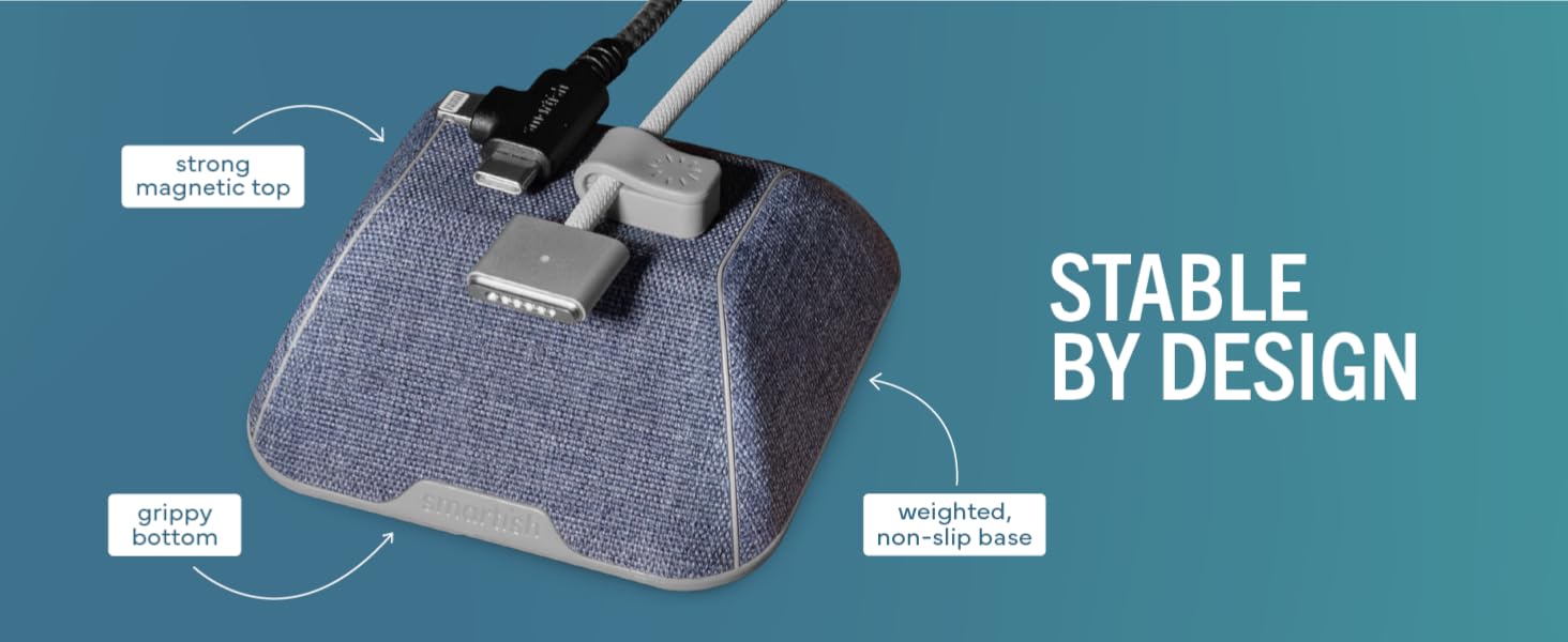 Cable Wrangler weighted base non-slip rubber bottom stays put on desk without adhesives or tape
