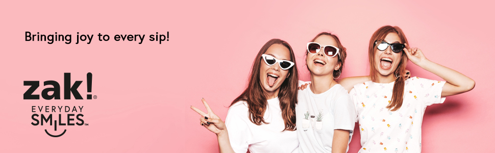 Three smiling women posing with sunglasses on pink background, with zak everyday smiles logo