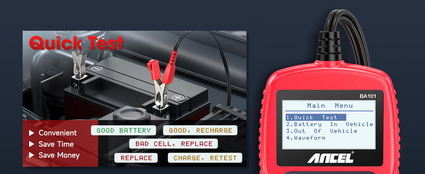 Quick test battery tester showing health, recharge, or replace status for immediate results