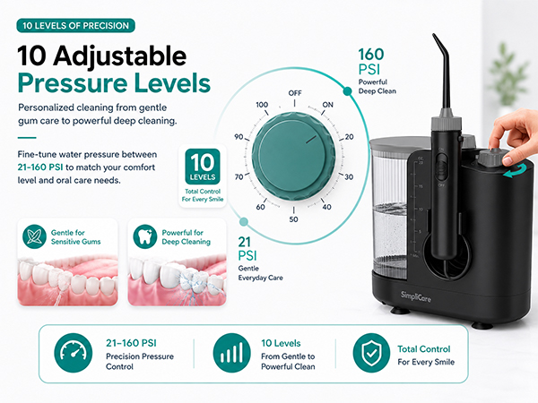 SimpliCare FC1761 countertop water flosser with 10 pressure levels, 600ml tank and 8 tips.