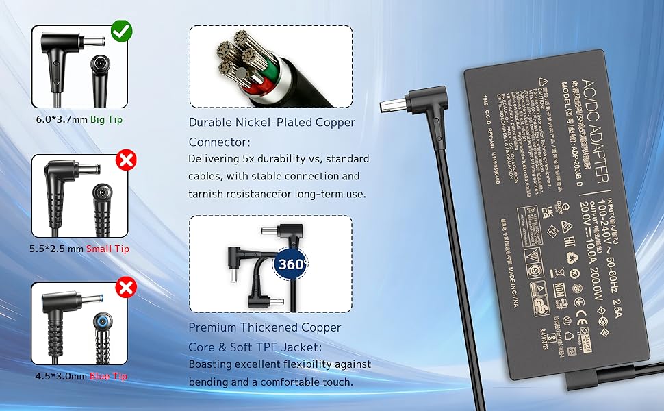 200W Laptop Compatible with ASUS Charger Connector Type 6.0mm X 3.7mm Round Tip