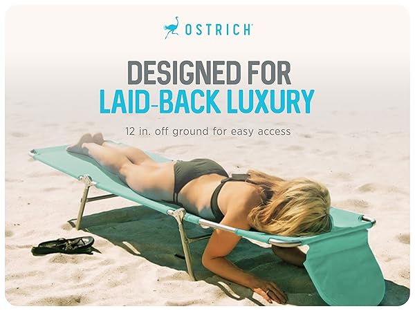 A woman sunbathing on a lounger at the beach. Text reads: Ostrich Designed for Laid-Back Luxury.
